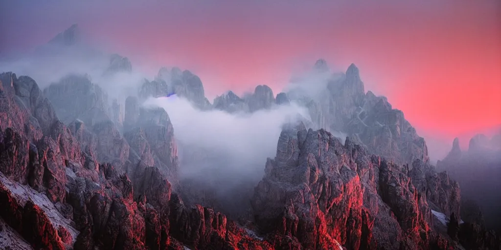 Prompt: 1 9 2 0 s color spirit photography 0 1 1 1 2 1 of alpine sunrise in the dolomites, red lit mountains, fog, by william hope, beautiful, dreamy, grainy