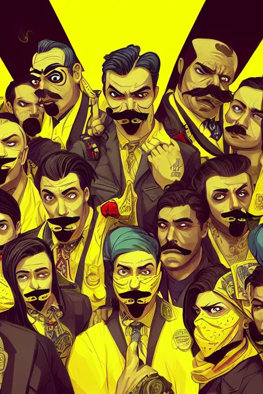 Prompt: gang saints wear yellow bandanas, and some of them have thick mustaches, concept art, pop art style, dynamic comparison, proportional, bioshock art style, gta chinatowon art style, hyper realistic, face and body features, without duplication noise, complicated, sharp focus, intricate, concept art, art by argerm dan richard hamilton