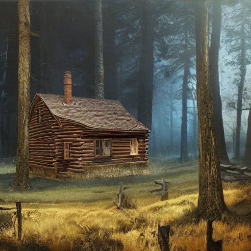 Prompt: a small cabin in the middle of the woods, a matte painting by john carpenter, reddit contest winner, american barbizon school, matte painting, horror film, movie still