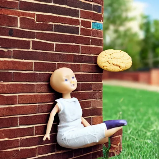 Image similar to plastic doll with giant realistic hands eating a cookie sitting on brick wall, garden background, sky, photo, hd