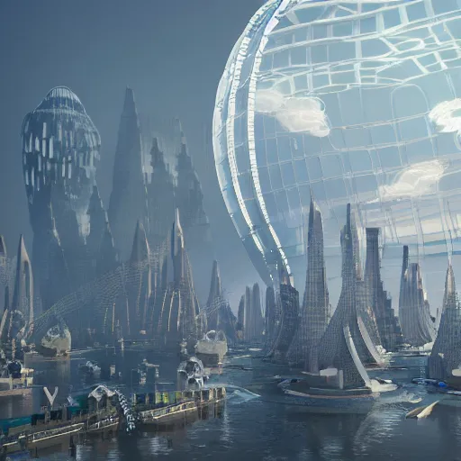 Image similar to a highly detailed 3D octane render of a futuristic dome city floating in the clouds, floating arcology city, inspired by Buckminster Fuller’s circular city project and Cloud City, trending on artstation, unreal engine, hyperrealistic, photorealistic