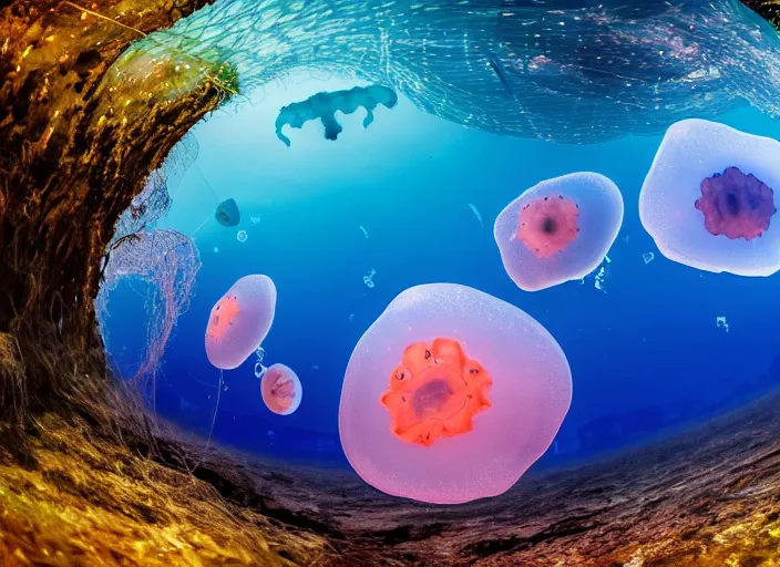 Prompt: a group of jellyfish swimming in the ocean, a jigsaw puzzle by otto pilny, shutterstock contest winner, ecological art, bioluminescence, fisheye lens, wide lens