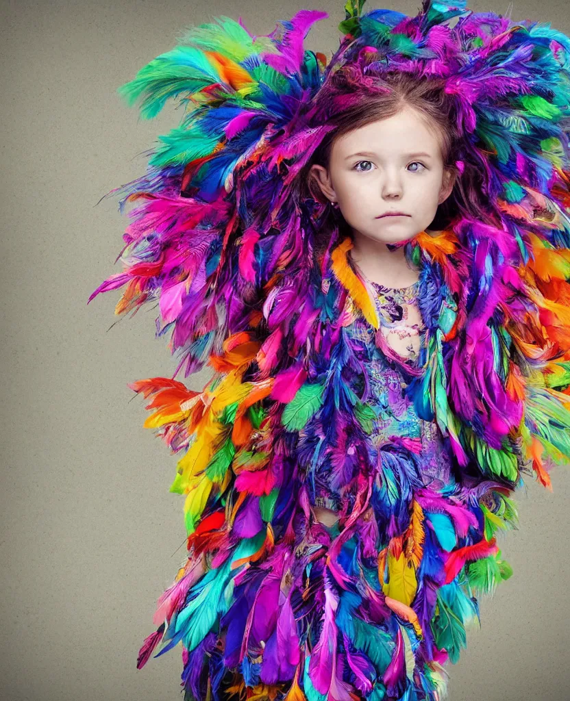 Image similar to little girl with eccentric hair wearing a dress made of colorful feathers, anatomically perfect, concept art, smooth