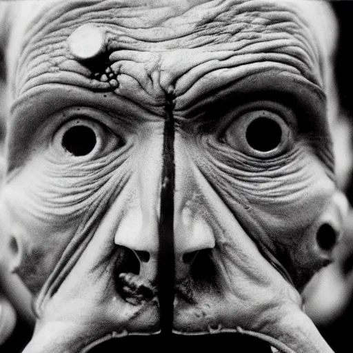 Prompt: real life irradiated undead acute radiation sickness flaking and melting skin 1950s nuclear wasteland black and white award winning photo highly detailed, highly in focus, highly life-like, facial closeup taken on Arriflex 35 II, by stanley kubrick