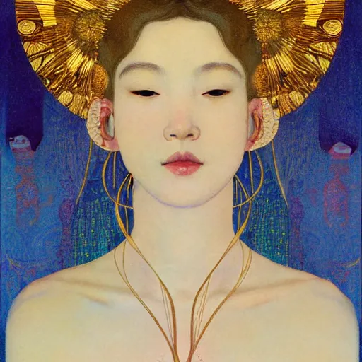 Image similar to a portrait of a very beautiful goddess with halo behind her head, in the style of WLOP and Hsiao-Ron Cheng and Gustav Klimt