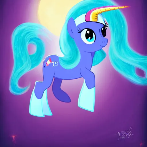 Image similar to painting of the blue unicorn mare Trixie Lulamoon from My Little Pony: Friendship is Magic performing a magic trick, trending on Derpibooru, by Studio Ghibli