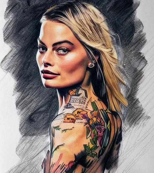 Prompt: tattoo design sketch of margot robbie with beautiful mountain scenery, mash up, double eposure effect, in the style of arlo dicristina, surrealist, amazing detail, sharp