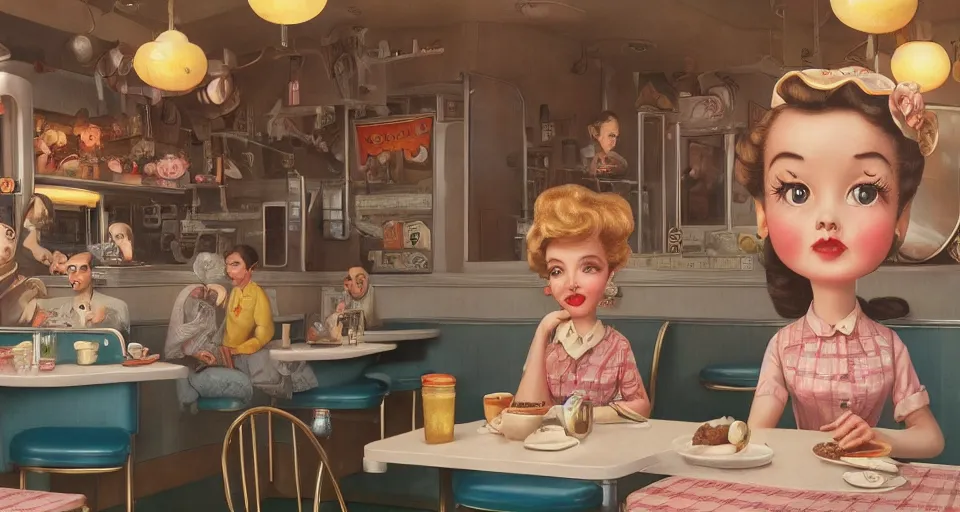 Image similar to closeup profile portrait of a 1 9 5 0 s diner, nicoletta ceccoli, mark ryden, lostfish, max fleischer, depth of field, detailed and intricate environment, golden hour, 8 k resolution, hyperrealistic, octane render