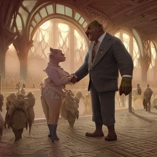 Image similar to Senator Armstrong Shakes hands with Shrek, intricate, stunning, highly detailed, digital painting, artstation, concept art, smooth, sharp, focus, illustration, art by artgerm and greg rutkowski and alphonse mucha