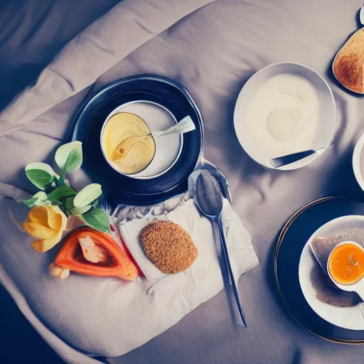 Prompt: lazy morning with breakfast to bed soft light soft colors high resolution 4 k wallpaper