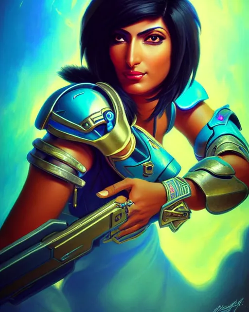 Image similar to pharah from overwatch, fantasy, fantasy art, fantasy, colorful, elegant, character portrait, portrait, close up, highly detailed, intricate detail, amazing detail, sharp focus, vintage fantasy art, vintage sci - fi art, radiant light, caustics, by boris vallejo