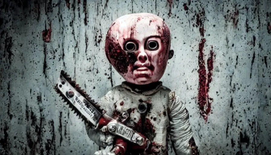 Image similar to big budget horror movie about an evil killer doll with a chainsaw