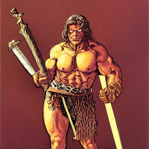 Image similar to barbarian warrior holding sword. Artwork by Richard Corben