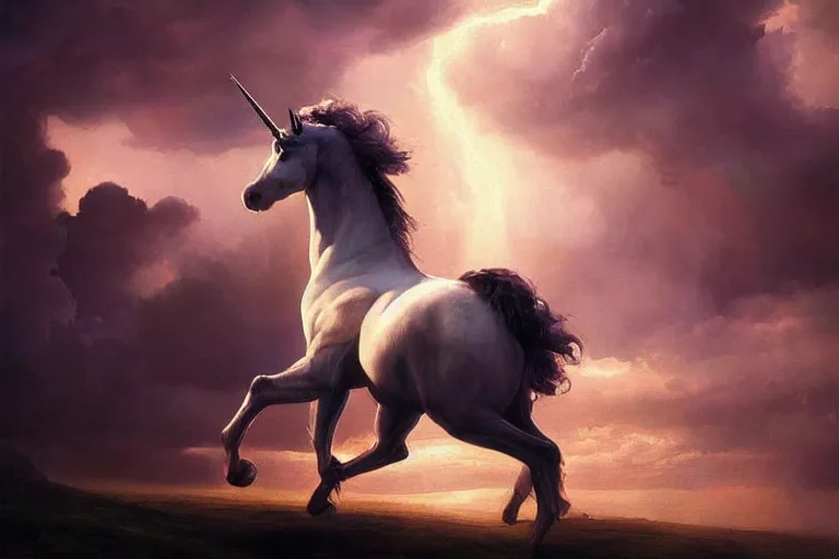 Image similar to a unicorn in the style of Caravaggio, walking across a rainbow. Beautiful clouds, highly detailed. Greg Rutkowski, digital art. Trending on artstation. Dramatic composition and beautiful light.