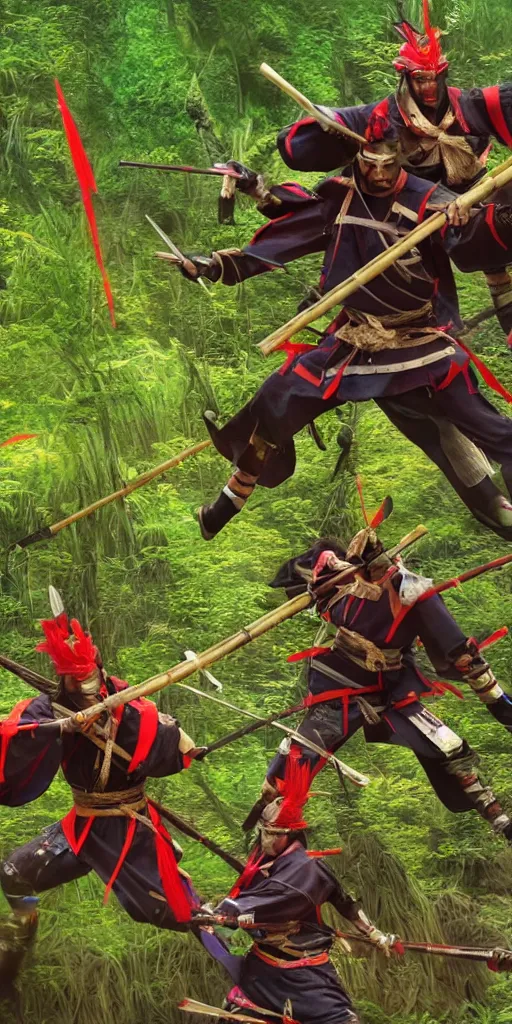 Image similar to samurais in colourful armor fight against each other in a bamboo forest, cinematic, epic pose, battle scene, render, unreal engine