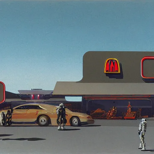 Image similar to ralph mcquarrie concept art of a futuristic mcdonalds. a space station is seen off in the distance with various droids and people walking in the foreground. a trooper is seen holding a brown mcdonalds bag.