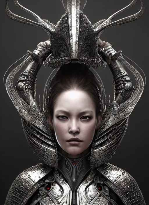 Image similar to hyperrealistic mixed media portrait of a beautiful armored warrior woman, stunning 3d render inspired art by Gerald Brom + perfect facial symmetry + dim volumetric lighting, ornate silver gothic armor, 8k octane beautifully detailed render, post-processing, extremely hyperdetailed, intricate, epic composition, grim yet sparkling atmosphere, cinematic lighting + masterpiece, trending on artstation, Art Nouveau