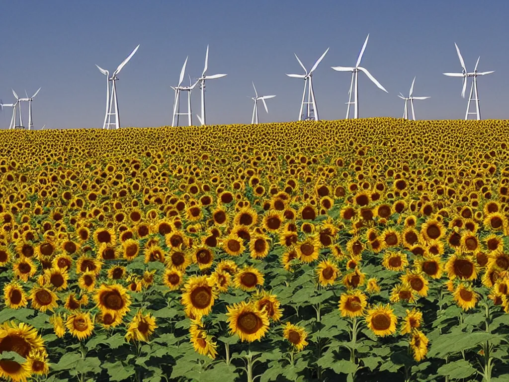 Image similar to witches dancing in field of sunflower with windmills in the background, eerie, scary