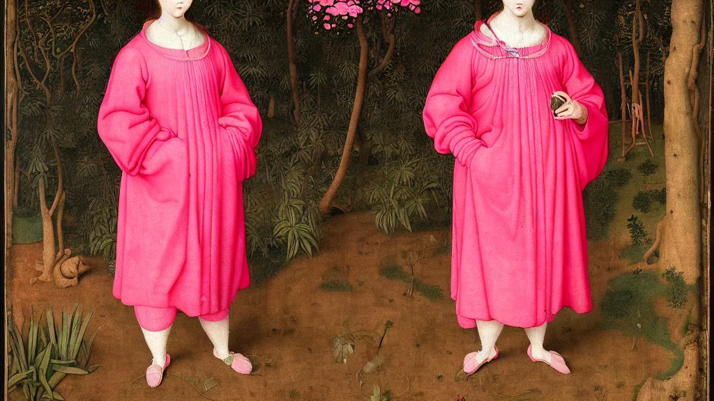 Prompt: full length portrait of a woman with red hair and big hair curlers, wearing a neon pink baggy pajamas, standing in a botanical garden, intricate details, highly detailed, in the style of rogier van der weyden and jacopo da pontormo, punk, masterpiece, asian art