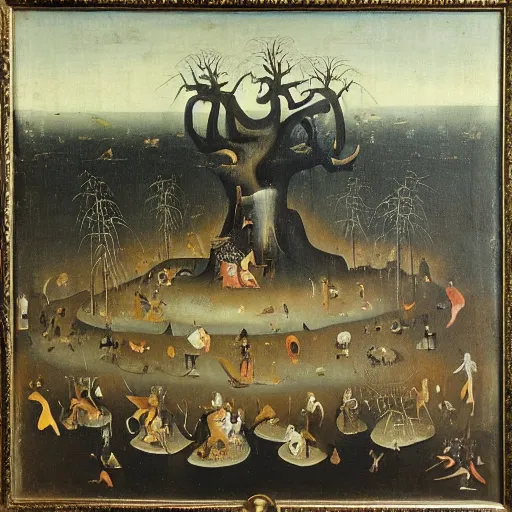 Prompt: a surreal painting by hieronymus bosch of a dark forest of small japanese bonsai trees on fire, smoke in the sky, people standing around screening and running, ominous, oil on canvas