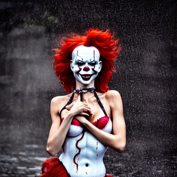 Image similar to fully body pose, photo of a very beautiful!! victoria secret model, pennywise, wet hair, raining, 8 k, hdr, smooth, sharp focus, high resolution, award - winning photo, trending on artstation, dslr, 5 0 mm