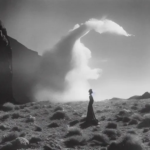 Image similar to 1 9 7 0's artistic spaghetti western movie, a woman in a giant billowy wide flowing waving dress made out of white smoke, standing inside a dark western beautiful rocky scenic landscape, volumetric lighting, backlit, moody, mercurial, atmospheric