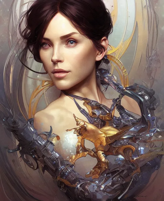 Prompt: portrait of a scifi woman, half body, d & d, fantasy, intricate, elegant, highly detailed, digital painting, artstation, concept art, art by artgerm and greg rutkowski and alphonse mucha, boris vallejo