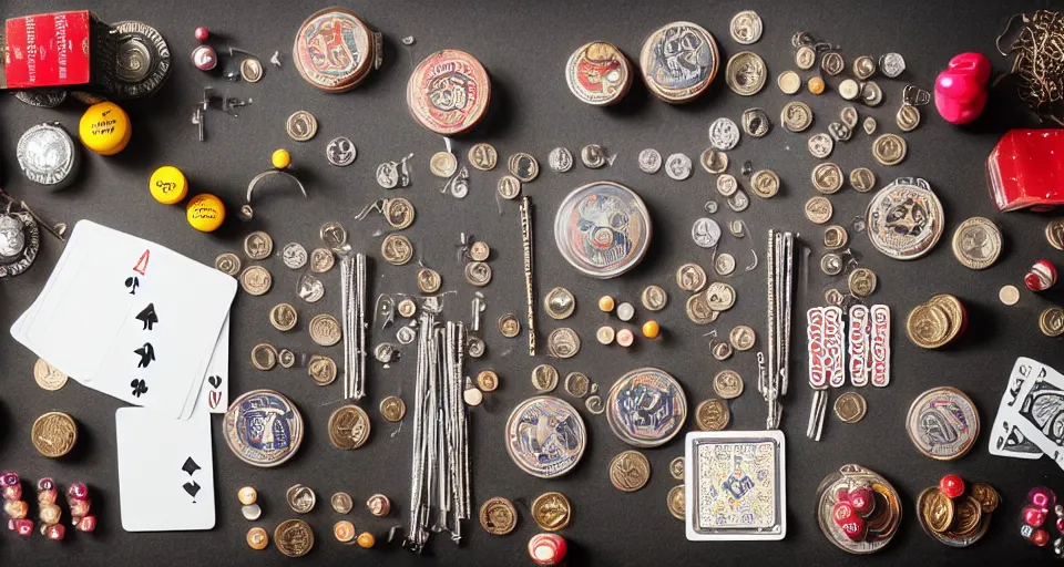 Image similar to a knolling of magicians props, wands, linking rings, playing cards, coins, cups and balls, overhead view, flatlay