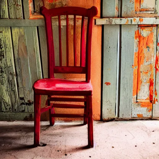 Prompt: multicolored faded red chair in old house