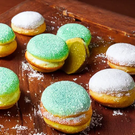 Prompt: powdered donuts stuffed with sliced pickles on an ornate table, high resolution photograph, romantic lighting