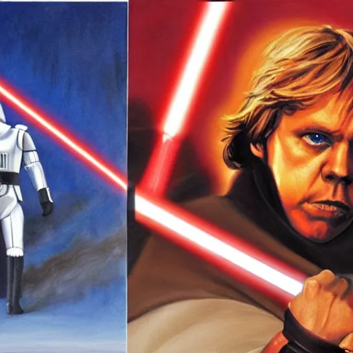 Prompt: luke skywalker vs darth vader but with the art of oil painting