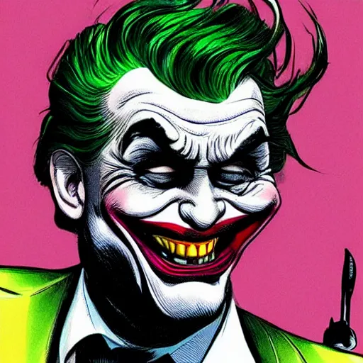 Prompt: Donald Trump as the joker, full shot, concept art, illustration by John Romita Jr.