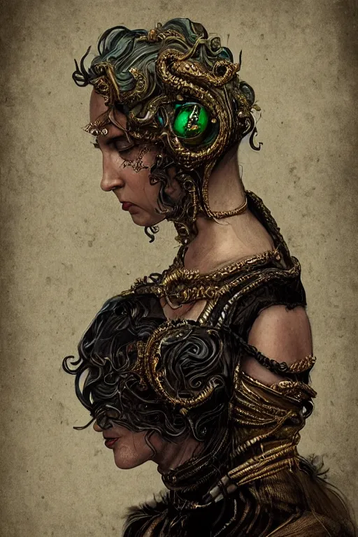 Prompt: portrait, headshot, digital painting, of a 17th century, beautiful, middle aged, middle eastern, wrinkles, decadent, cyborg noble woman, dark hair, piercings, tentacle hair, tendrils, amber jewels, baroque, ornate dark green opulent clothing, scifi, futuristic, realistic, hyperdetailed, concept art, chiaroscuro, rimlight, art by syd mead