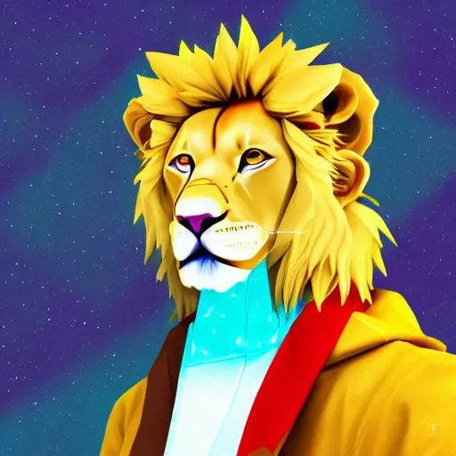 Image similar to aesthetic albino lion fursona portrait, commission of a anthropomorphic lion on fire, fursona wearing vaporwave stylish clothes, winter armosphere, pastel simple art, low poly