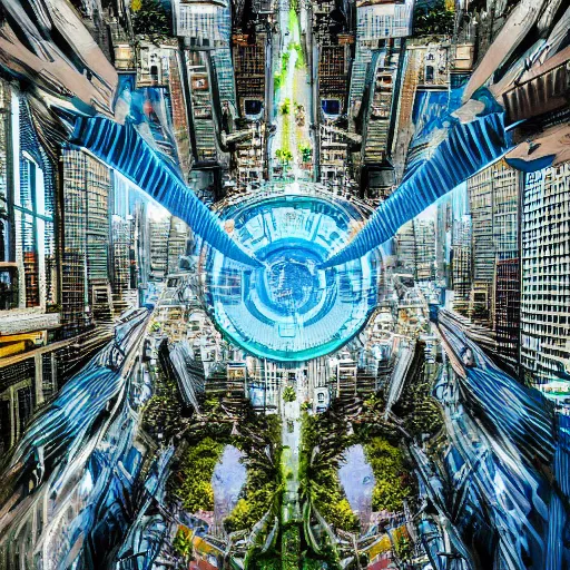 Prompt: professional photo from bird view of portal to another dimension inside a city, ultra detailed, realistic, 4 k, computer art, dslr photo