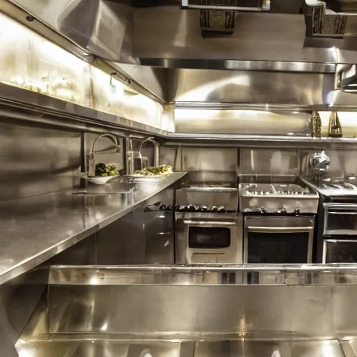 fancy restaurant kitchen counter with shiny silver | Stable Diffusion