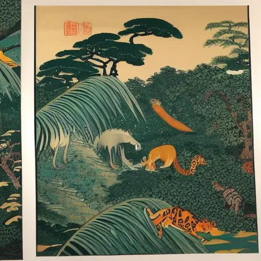 Prompt: painting of the jungle with jungle animals, great wave off kanagawa style,