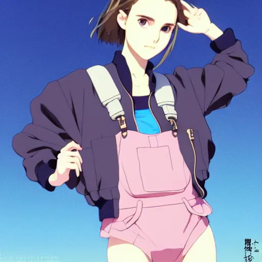 Image similar to a beautiful! boyish! natalie portman alluring gravure! model, wearing oversized mayan bomber jacket and leotard with overalls, bulky poofy bomber jacket with mayan patterns, gapmoe yandere grimdark, trending on pixiv fanbox, painted by greg rutkowski makoto shinkai takashi takeuchi studio ghibli, akihiko yoshida