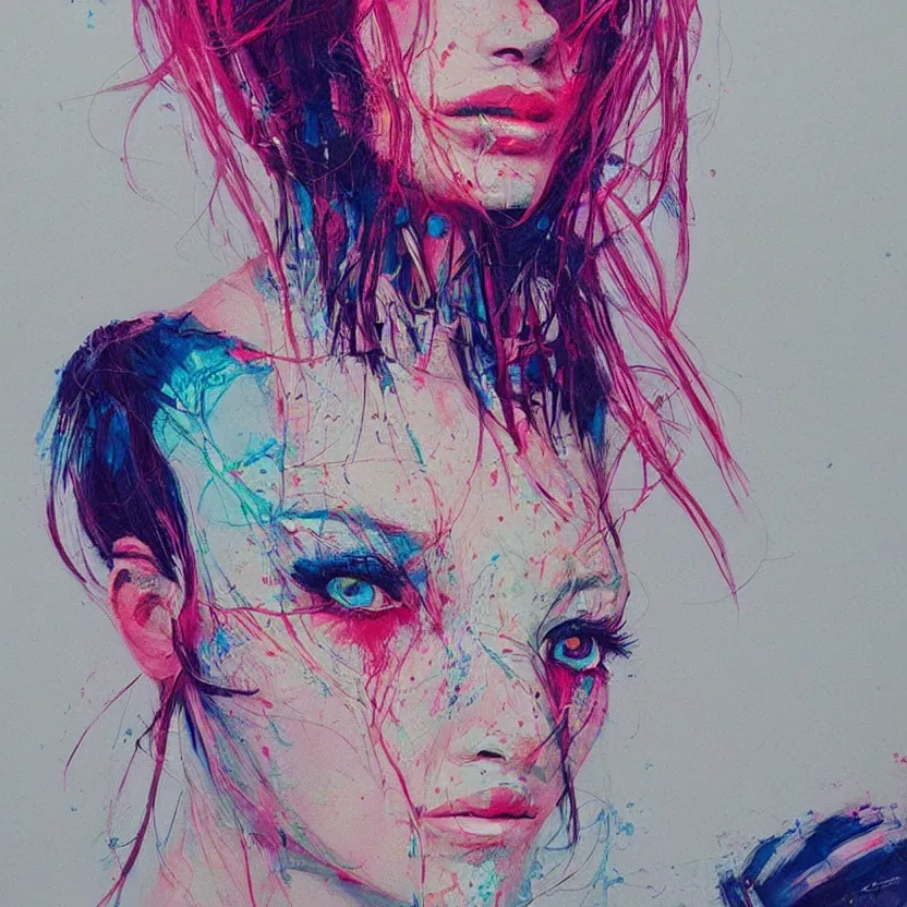 Image similar to close up portrait painting of a female dressed in nineties street styling, concept art, intricate details, highly detailed, aesthetically pleasing pastel colors, art by conrad roset