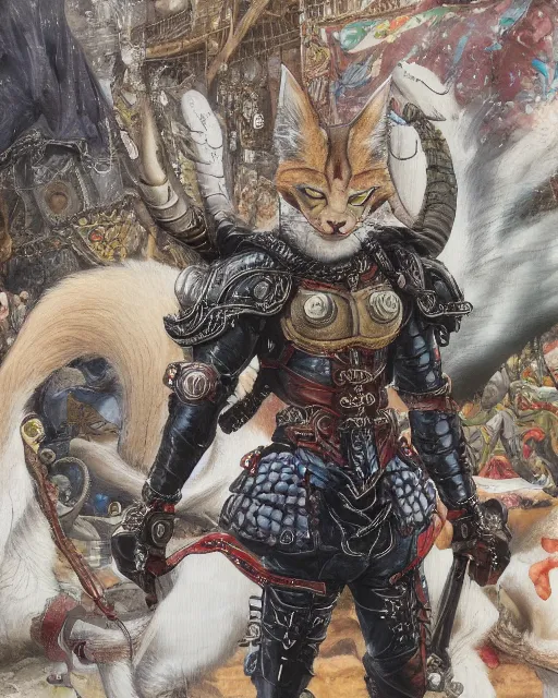 Image similar to 8k Yoshitaka Amano painting of upper body of a young cool looking slim caracal beast-man with white mane at a medieval market at windy day. Depth of field. He is wearing complex fantasy armors. He has huge paws. Renaissance style lighting.
