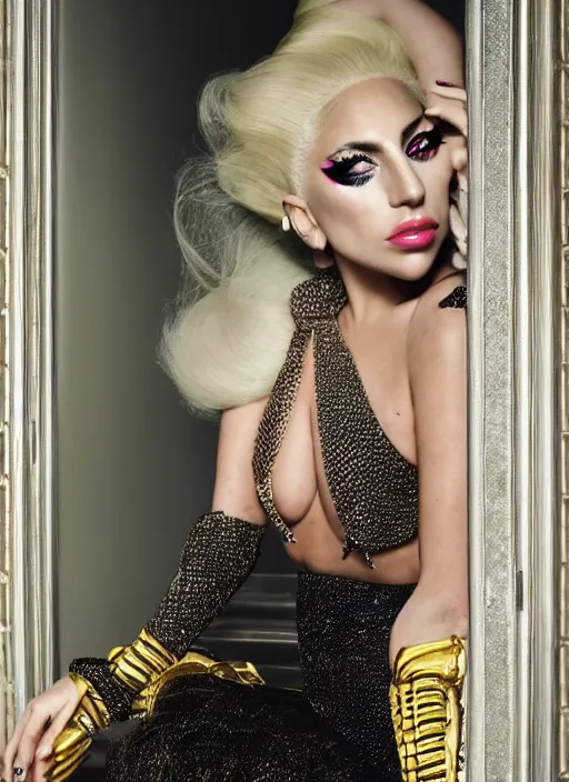 Prompt: lady gaga styled by nick knight posing in an expensive mansion setting , vogue magazine, Highly realistic. High resolution. Highly detailed. Dramatic. 8k.4k.