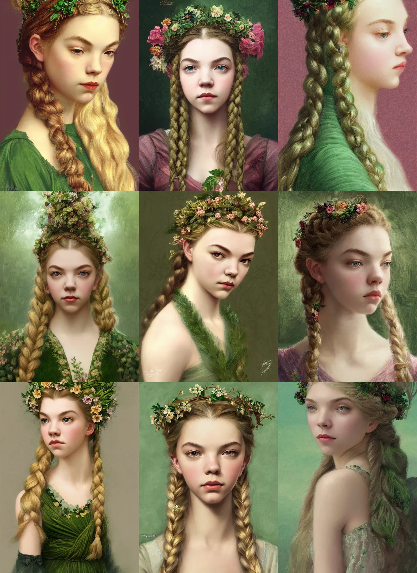 portrait anya taylor-joy, long blond braided hair with, Stable Diffusion