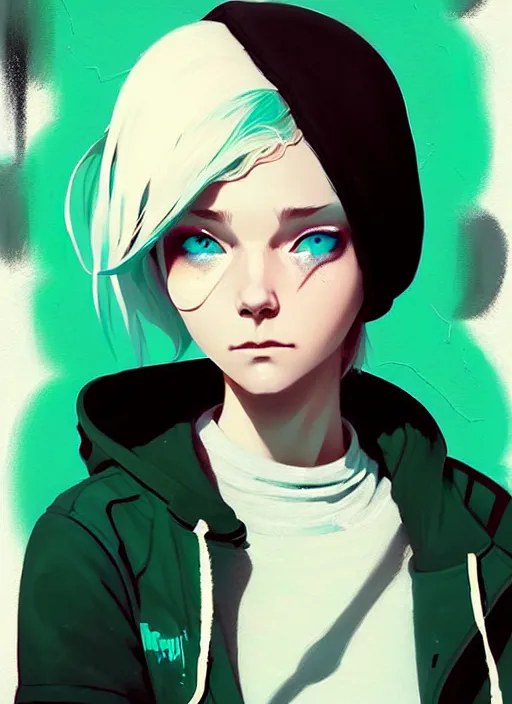 Image similar to highly detailed portrait of a urban punk lady student, blue eyes, hoodie, white hair by atey ghailan, by greg rutkowski, by greg tocchini, by james gilleard, by joe fenton, by kaethe butcher, gradient green, black, brown and teal color scheme, grunge aesthetic!!! ( ( graffiti tag wall background ) )