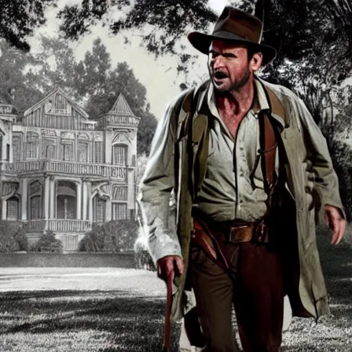 Image similar to indiana jones explores a haunted mansion, detailed, cinematic, shadow, gothic