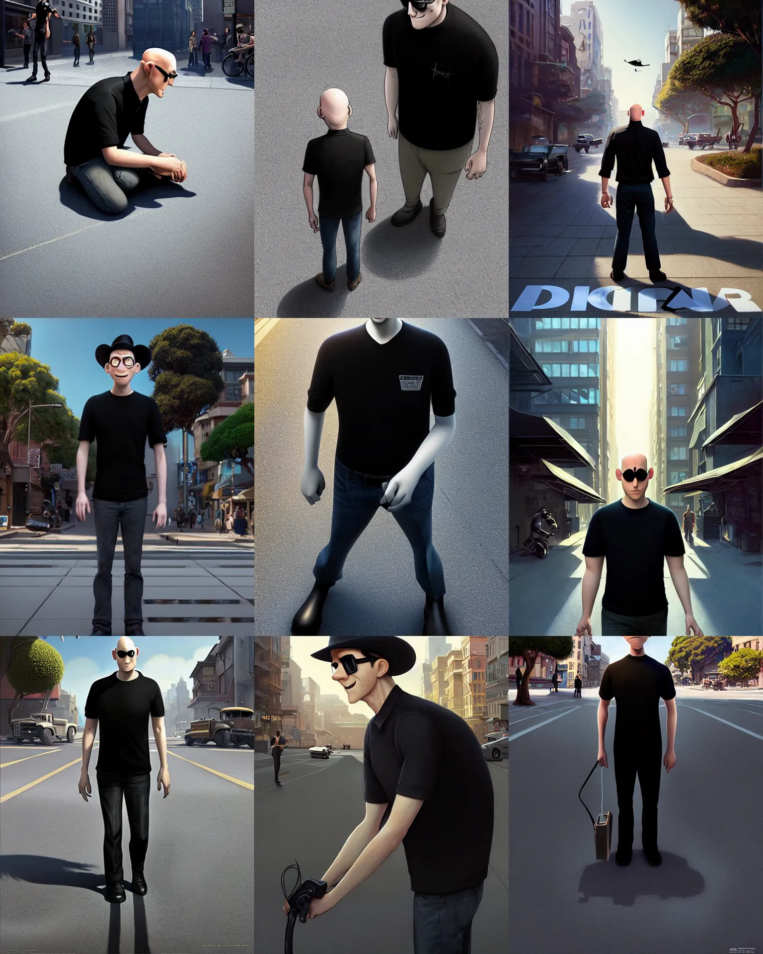 Prompt: pixar sci - fi movie still portrait photo of bald white young man wearing a black shirt, black ray - bans, and a black fedora, large nose : : on sidewalk in sf : : by greg rutkowski, wlop, rossdraws, artgerm, weta, marvel, unreal engine, bright morning, anime, gq magazine cover, : :