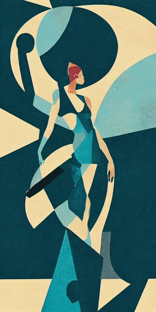 Image similar to “ femme on a galactic shore, noir, solid shapes, geometric art deco, french, teal palette, plain, no fine details, isaac asimov ”