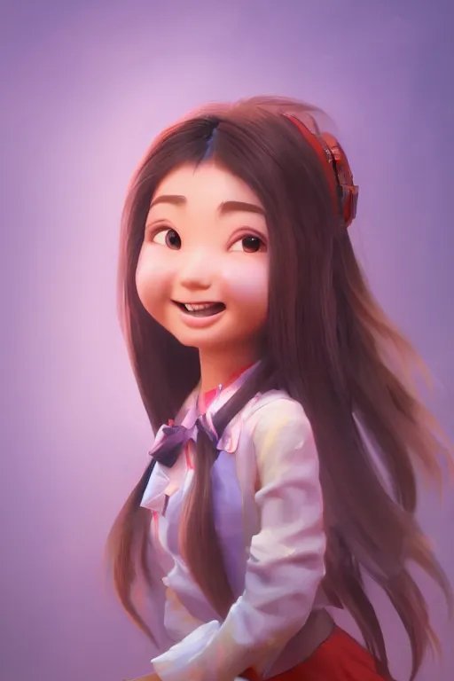 Prompt: a painting of cute Asian girl smiling, flowing hair, in the style of Pixar animation, low angle view, 16mm lens, award winning, hyper detailed, dramatic lighting, artstation, octane renderer, unreal engine