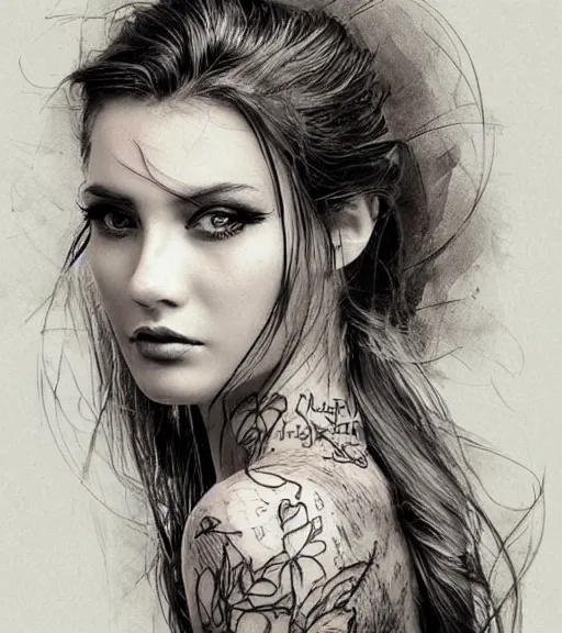Image similar to tattoo design sketch of a beautiful woman face with a faded background of beautiful nature on her side, hyper - realistic, in the style of den yakovlev, amazing detail, black and white, faded, double exposure