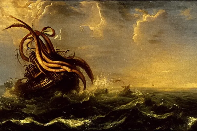 Image similar to A Kraken attacks a ship, Claude Lorrain (1648), oil on canvas, detailed brushstrokes