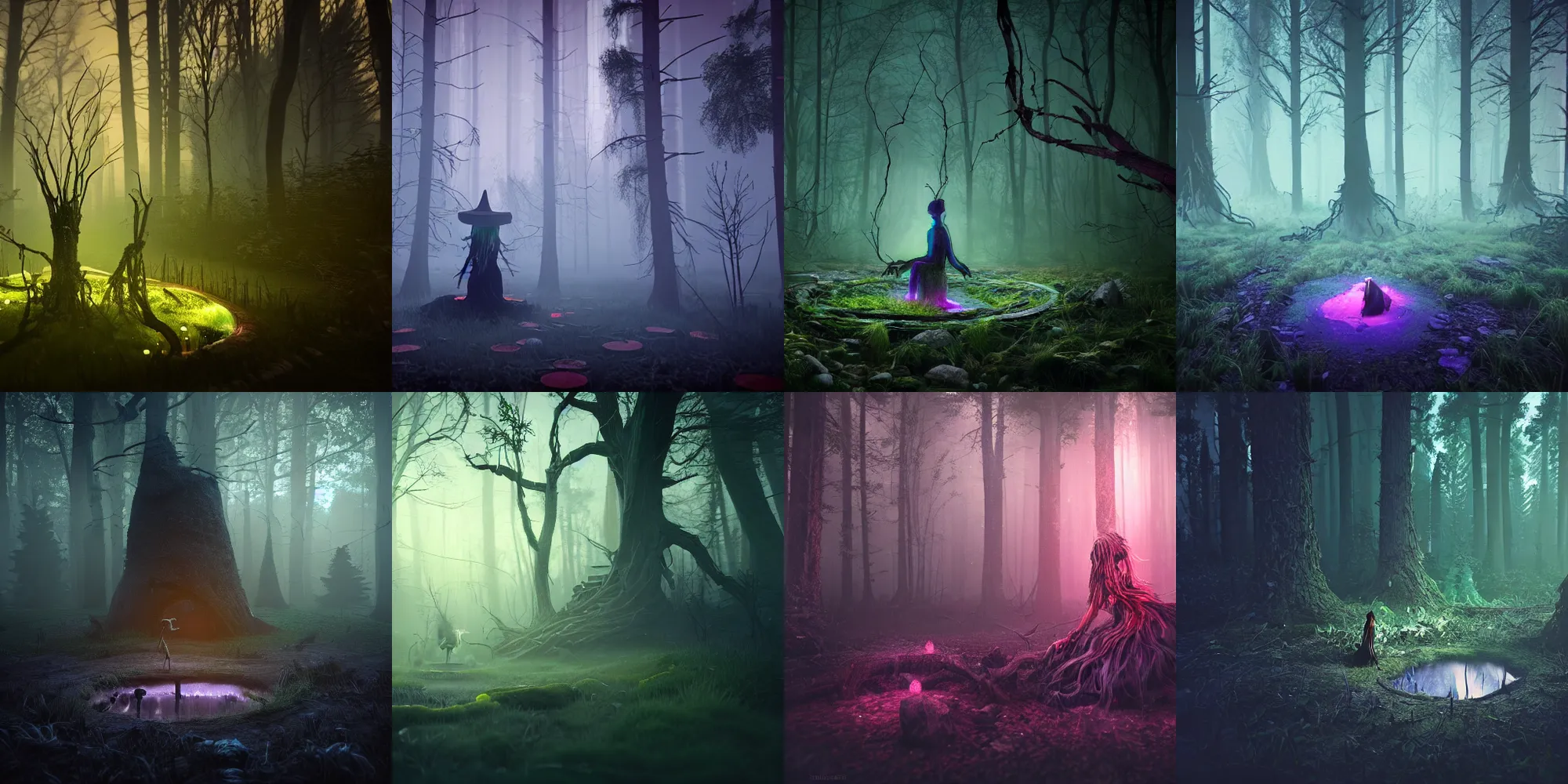 Prompt: beautiful dark forest landscape, a creepy witch crawling out of a creepy glowing well, in the style of beeple and Mike Winkelmann, photo real, ultra realistic, intricate, epic lighting, 8k resolution, unreal engine 5, ultraviolet colors,